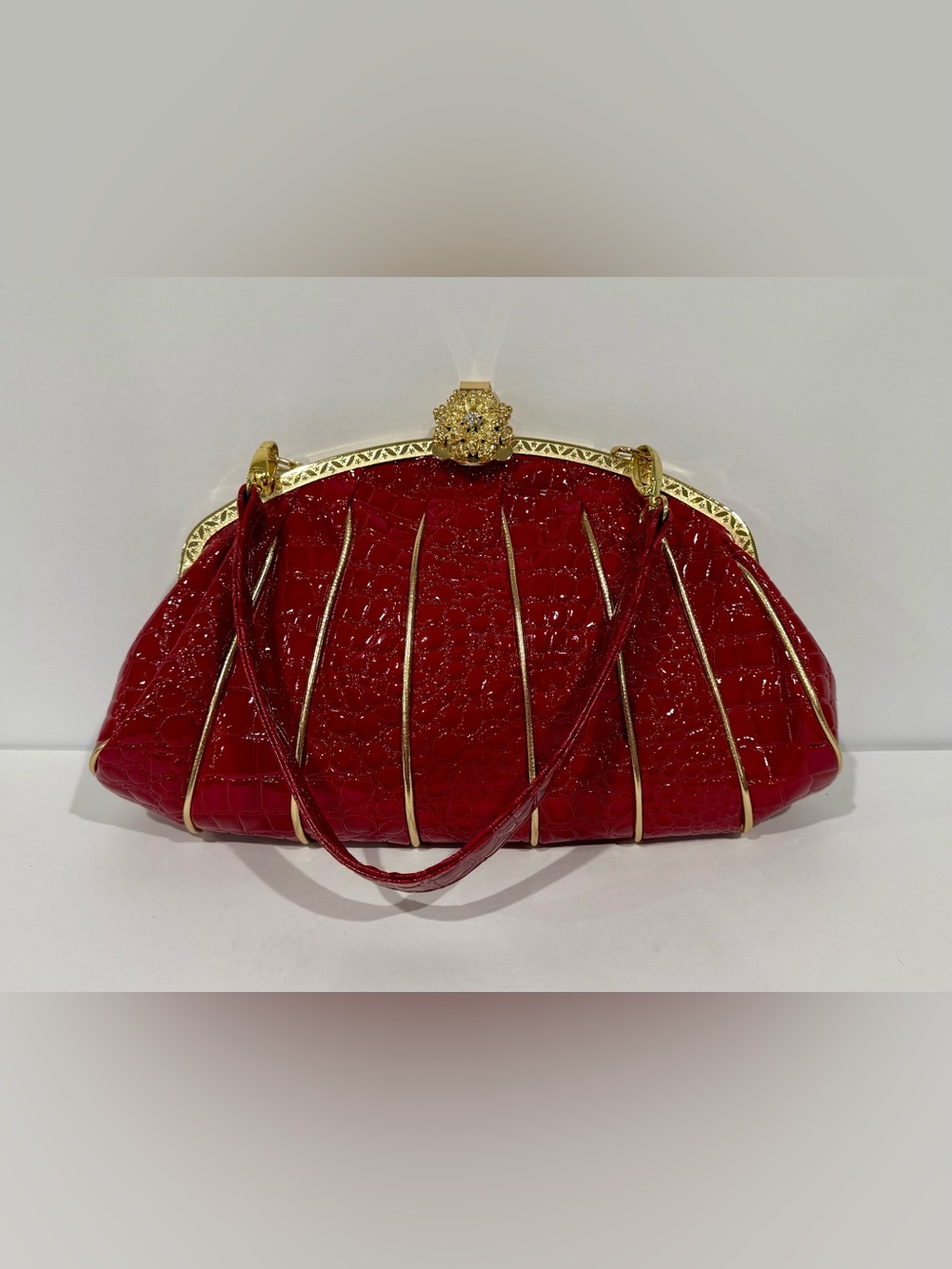 Retro 80’s Red Patent Faux Leather Croc Clutch, Gold Frame Ornate Clasp